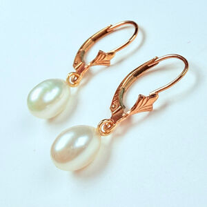 14K Solid Yellow Gold Saltwater Cultured 6mm Pearl Solitaire Dangle Earrings